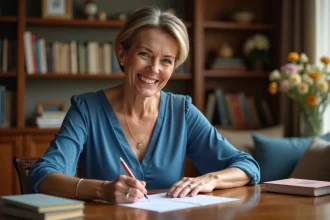 Femme souriante écrit une carte de mariage dans un intérieur chaleureux
