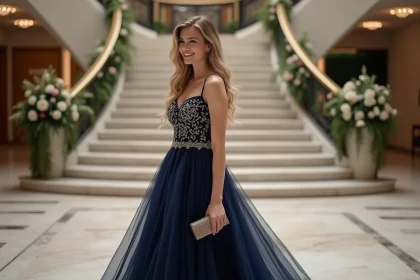 Femme élégante en robe de soirée navy lors d'un mariage