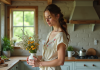 Jeune femme arrangeant des fleurs dans une cuisine rustique
