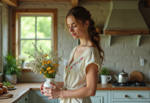 Jeune femme arrangeant des fleurs dans une cuisine rustique