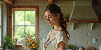 Jeune femme arrangeant des fleurs dans une cuisine rustique