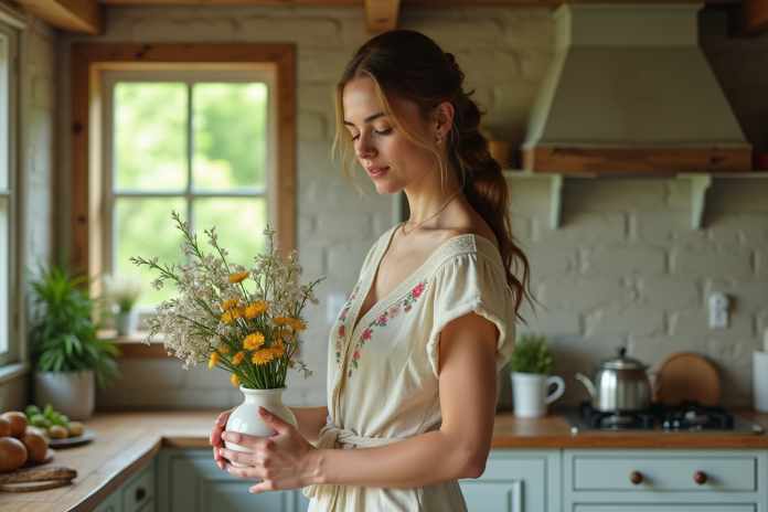 femme-fleurs-kitchen Jeune femme arrangeant des fleurs dans une cuisine rustique