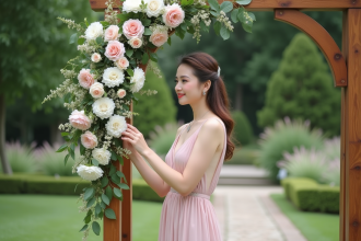 Jeune femme en robe pastel arrangeant des fleurs de mariage dans un jardin