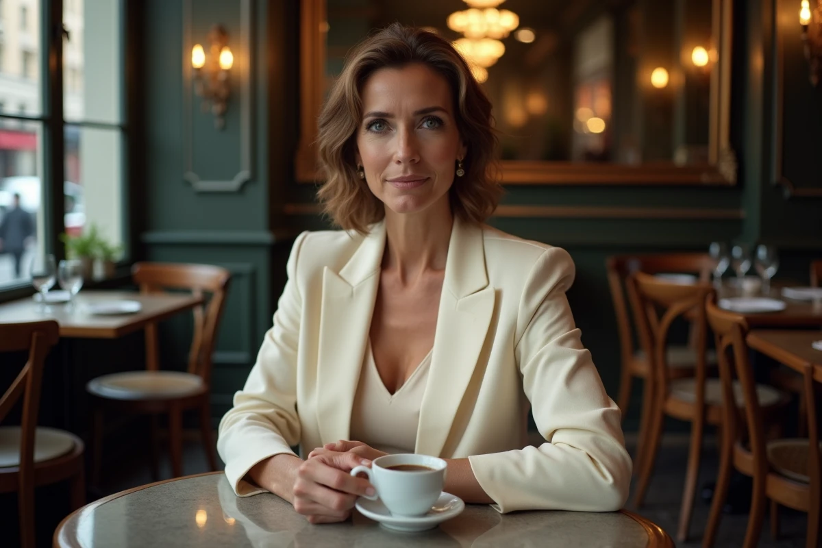 Femme confiante et indépendante attablée dans un café parisien chic, évoquant une personnalité moderne et une conception épanouie du mariage