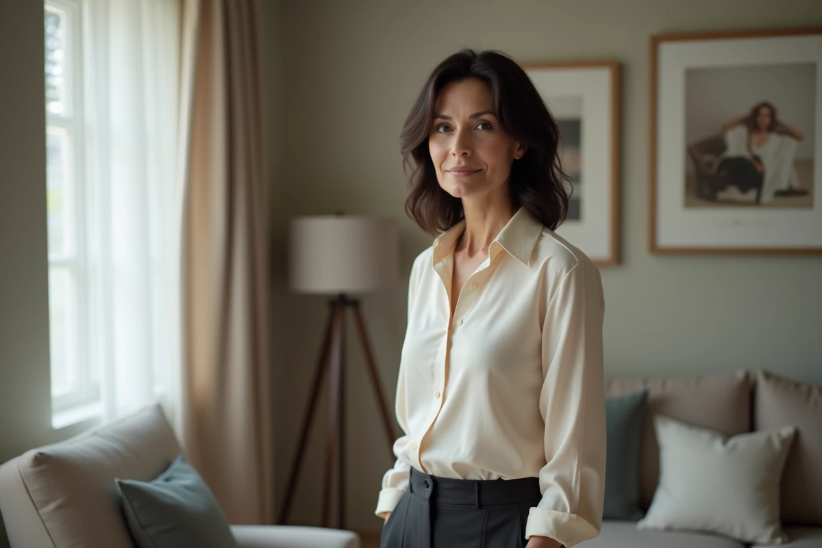 Femme journaliste élégante près d'une fenêtre dans un intérieur discret, portrait intime et vie sentimentale protégée