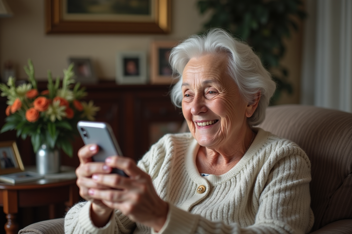 Femme âgée partage la nouvelle de mariage par appel vidéo