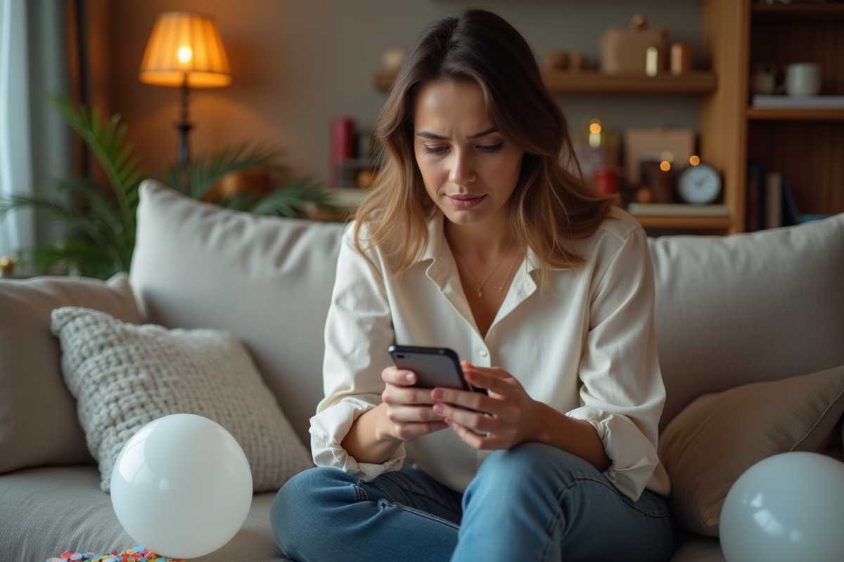 Femme regardant son téléphone dans un salon cosy
