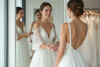 Femme souriante en robe de mariée essayant la robe dans une boutique moderne
