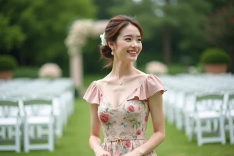 Femme souriante en robe florale dans un jardin de mariage