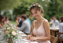 Jeune femme souriante en robe pastel arrangeant jeux mariage en plein air