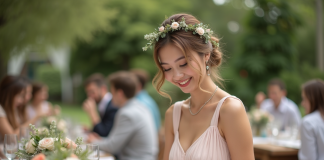 Jeune femme souriante en robe pastel arrangeant jeux mariage en plein air