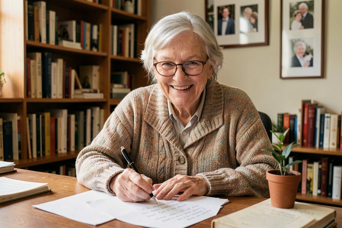 Femme senior souriante rédigeant un discours d'anniversaire de mariage humoristique à son bureau pour les noces d'or