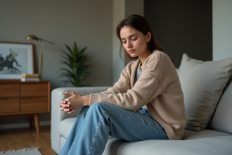 Femme assise pensant dans un salon moderne