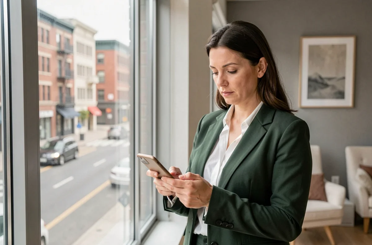 Femme en blazer vert tenant un smartphone près d'une fenêtre urbaine, illustrant la gestion des messages et polémiques en ligne