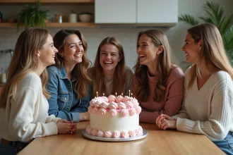 Groupe de femmes riant autour d'un gâteau d'enterrement de vie de jeune fille
