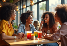 Groupe de femmes souriantes autour d'une table de café convivial