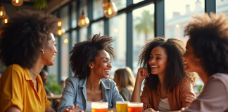 Groupe de femmes souriantes autour d'une table de café convivial