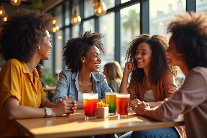 Groupe de femmes souriantes autour d'une table de café convivial