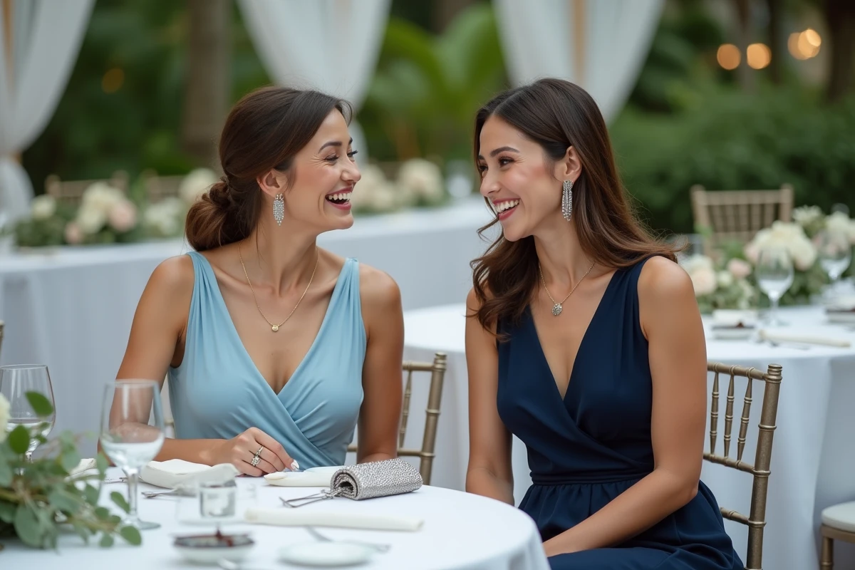 Deux femmes en robes bleues assises à une réception de mariage en plein air, accessoires dorés et argentés, ambiance festive