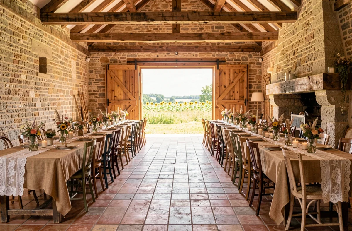 La Ferme de Razay, grange restaurée en Loire avec banquet de mariage champêtre, poutres apparentes et tables en bois