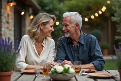 Couple célébrant 35 ans de mariage lors d'un dîner intime dans un jardin rustique
