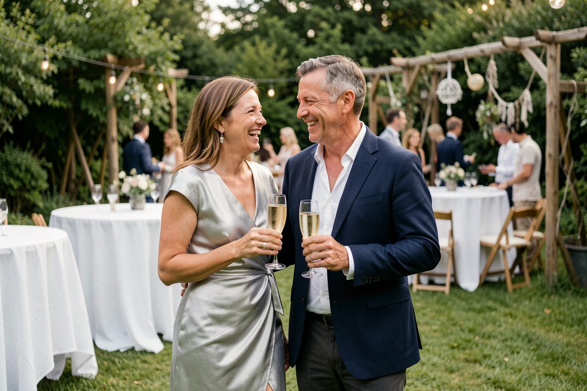 Couple célébrant leurs noces d'argent dans un jardin décoré avec des coupes de champagne et des invités en arrière-plan