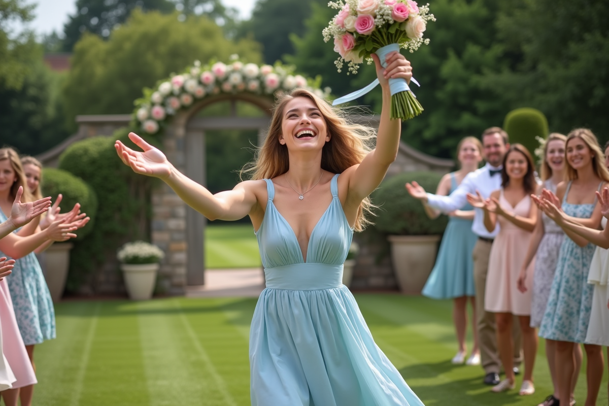 Jeune femme lançant un bouquet dans un jardin lors d’un mariage