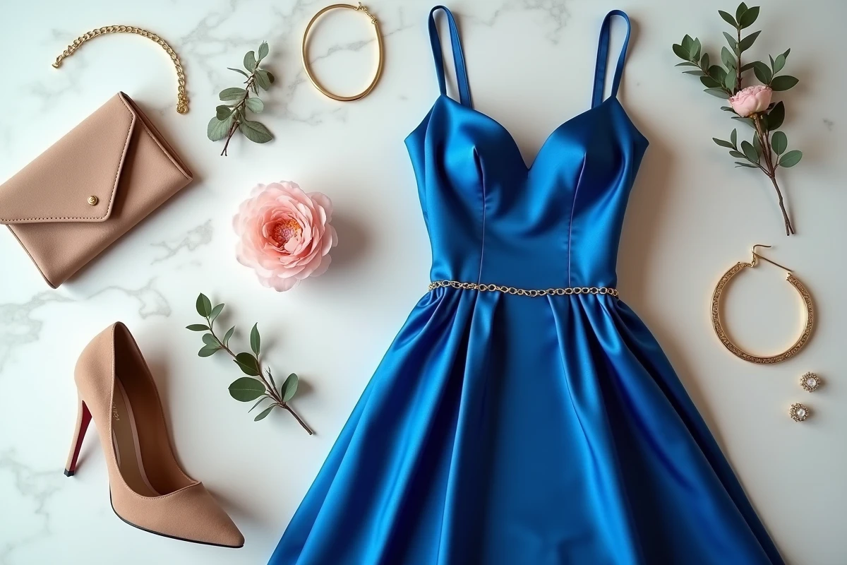 Flat lay d'une robe bleue satin et accessoires mariage dorés sur marbre blanc, bracelet, boucles d'oreilles et clutch