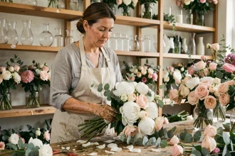 Fleuriste professionnelle composant un bouquet de mariée avec des pivoines blanches et des roses dans un atelier de fleuriste