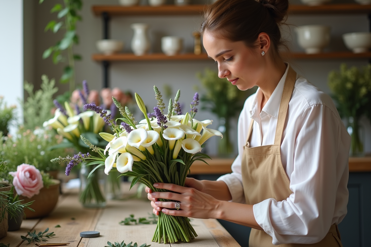 Fleuriste préparant un bouquet de mariage dans la boutique