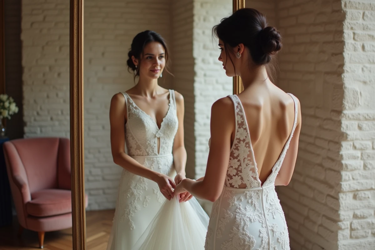 Future mariée en robe de dentelle devant un miroir en pied dans une boutique de mariage à Nantes