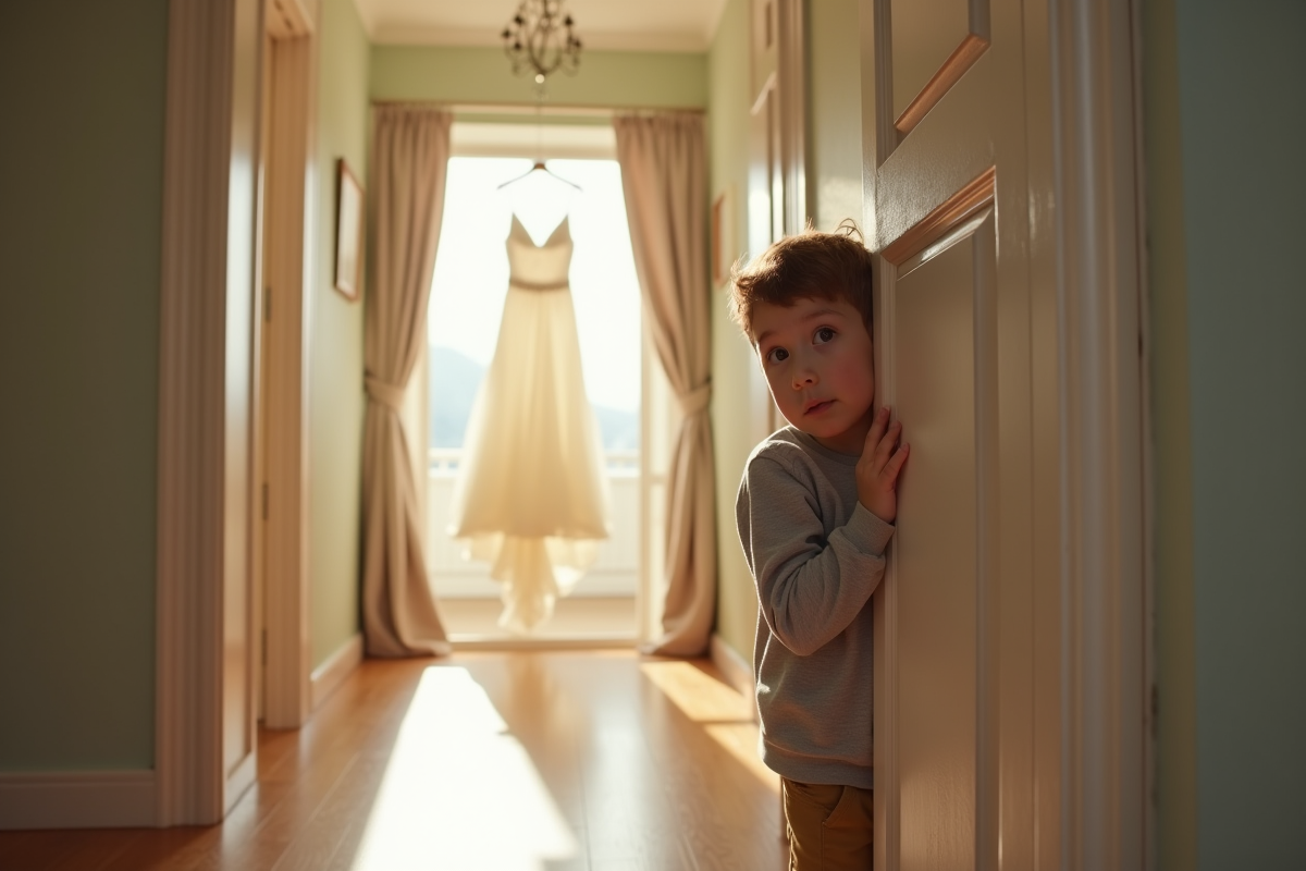 Garçon curieux regardant la robe de mariage dans la pièce