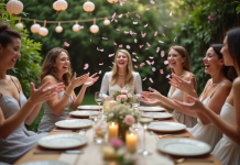 Groupe d'amis riant lors d'une fête dans un jardin