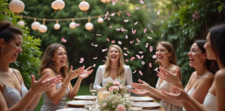 Groupe d'amis riant lors d'une fête dans un jardin