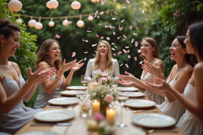 Groupe d'amis riant lors d'une fête dans un jardin