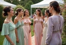 Mariages 2025 : couleurs tendance à adopter pour être à la mode en 85 caractères Groupe d'amis élégants lors d'un mariage en extérieur