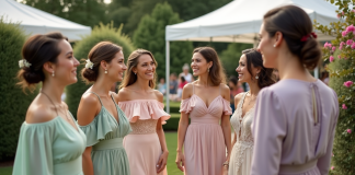 Groupe d'amis élégants lors d'un mariage en extérieur