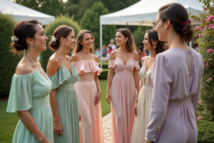 Groupe d'amis élégants lors d'un mariage en extérieur