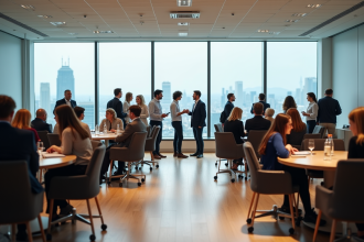 Groupe de professionnels en réunion dans une salle moderne