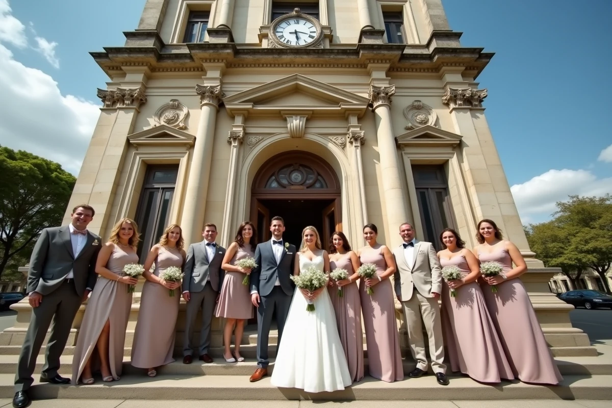 Groupe de famille réuni devant la façade d'une mairie française après un mariage civil