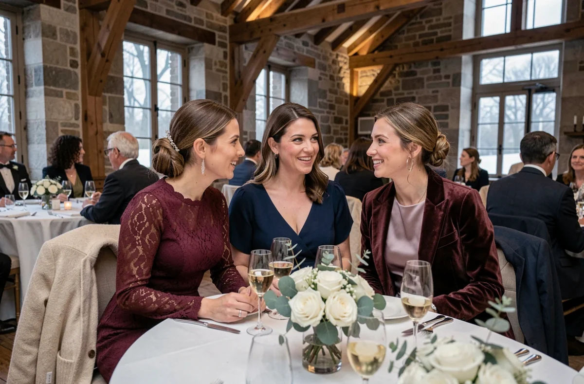 Groupe de femmes invitées à un mariage d'hiver en tenues formales chaleureuses lors du repas dans un château