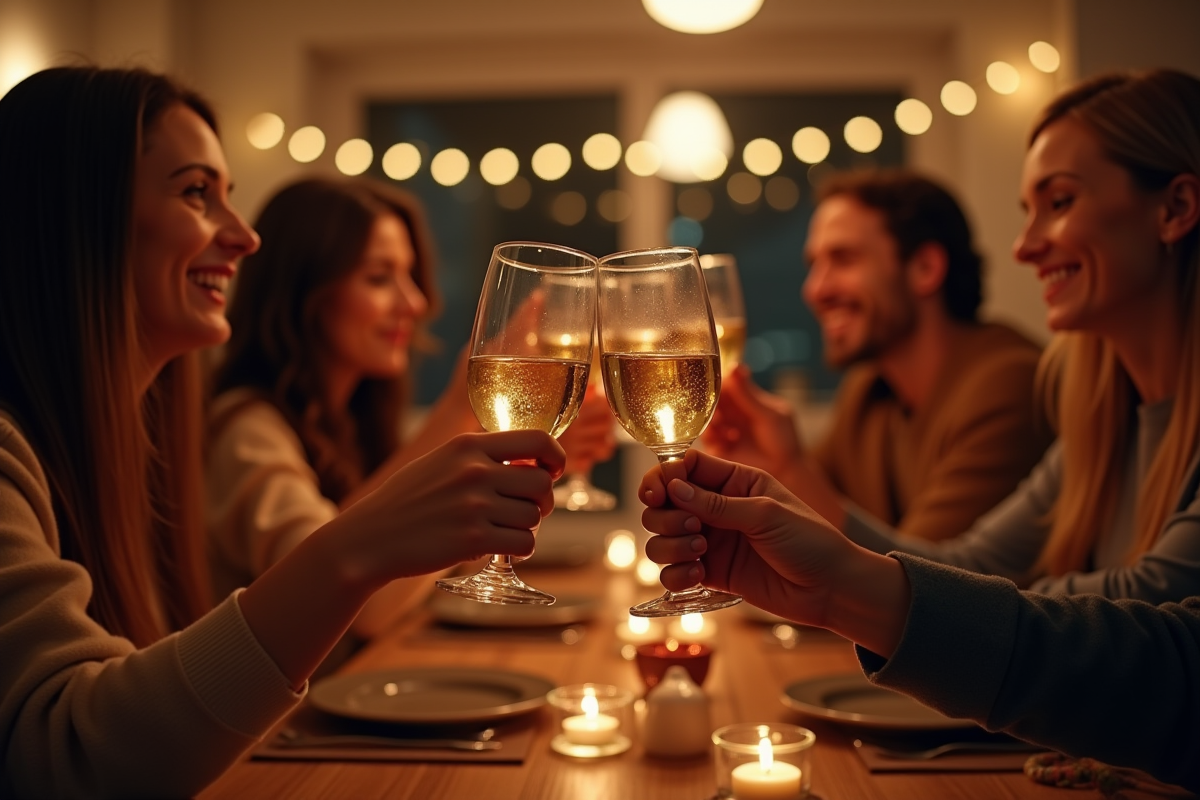 Groupe levant leurs verres dans une pièce chaleureuse