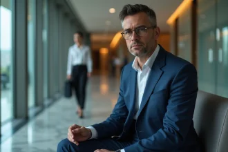 Homme d'affaires en costume bleu dans un lobby moderne