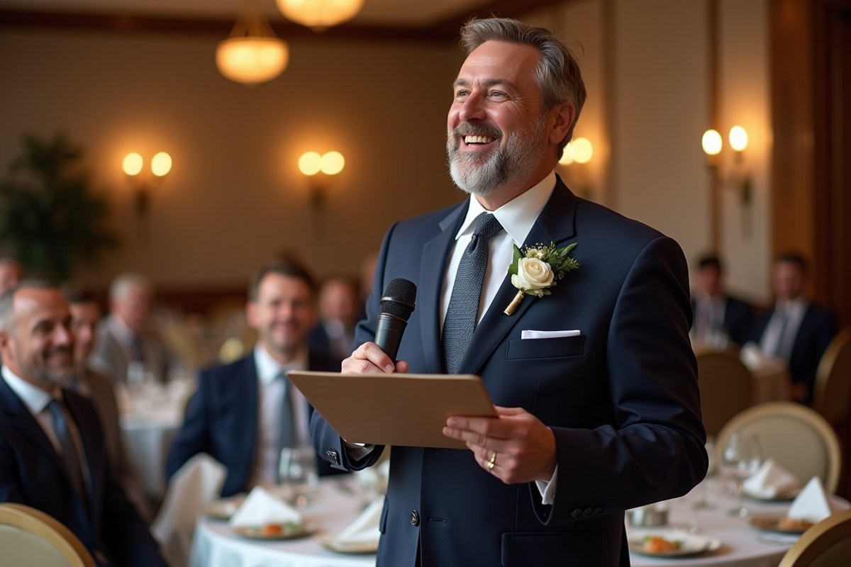 Homme en costume navy parlant aux invités lors d