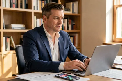 Homme en costume bleu assis à un bureau moderne consultant son téléphone et son ordinateur portable, illustrant la gestion des polémiques en ligne