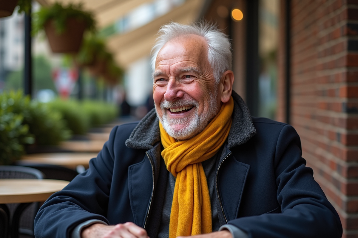 Homme souriant assis en terrasse de café avec écharpe jaune