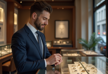 Bague du mari : qui devrait l’acheter ? Quand et pourquoi ? Homme en costume navy examine bagues de mariage en bijouterie