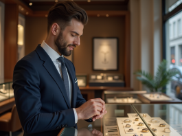 Bague du mari : qui devrait l’acheter ? Quand et pourquoi ? Homme en costume navy examine bagues de mariage en bijouterie