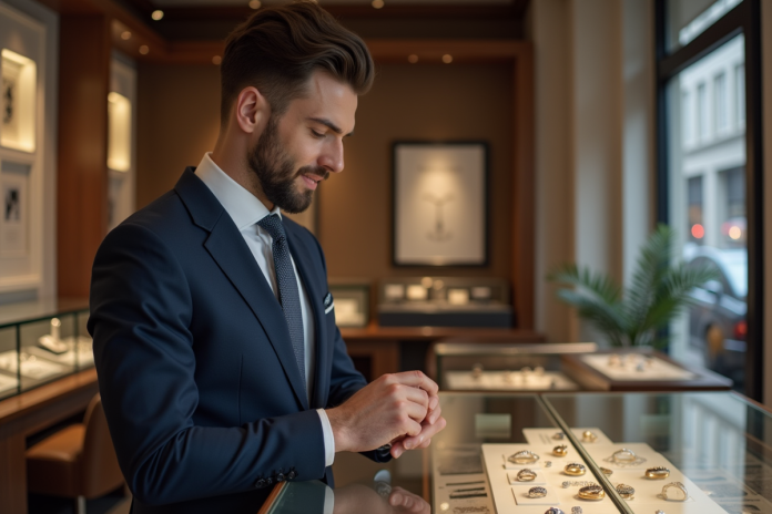 homme-choix-bague-mariage Homme en costume navy examine bagues de mariage en bijouterie