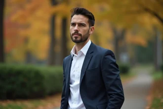 Homme élégant en blazer marine dans un parc automnal, regard énigmatique suggérant des rumeurs de mariage